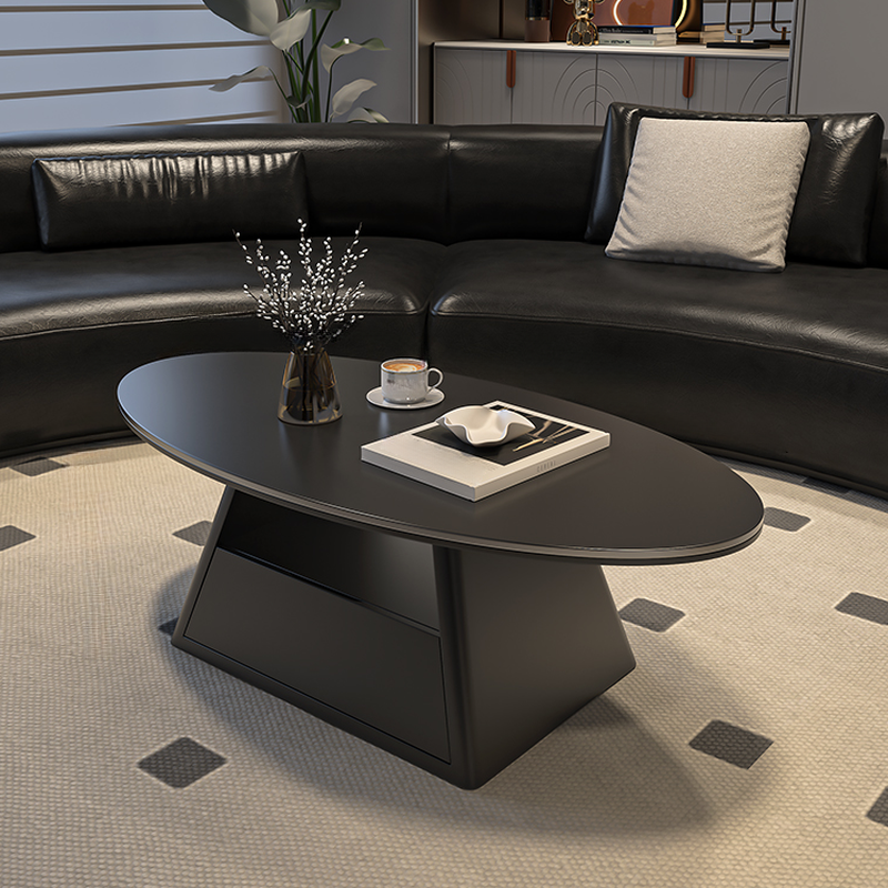 Single Board Game Coffee Table with Slate Top and Base, Elliptical Shape, 1 Drawer, and 1 Shelf