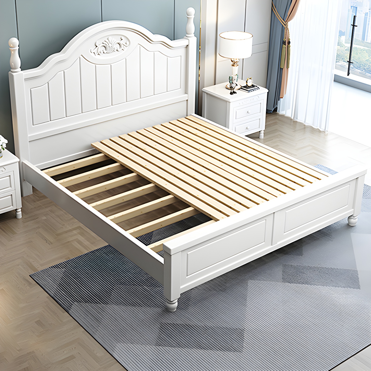 French Country Bed 83.46" Long Bed with Arched Headboard in White - image 4
