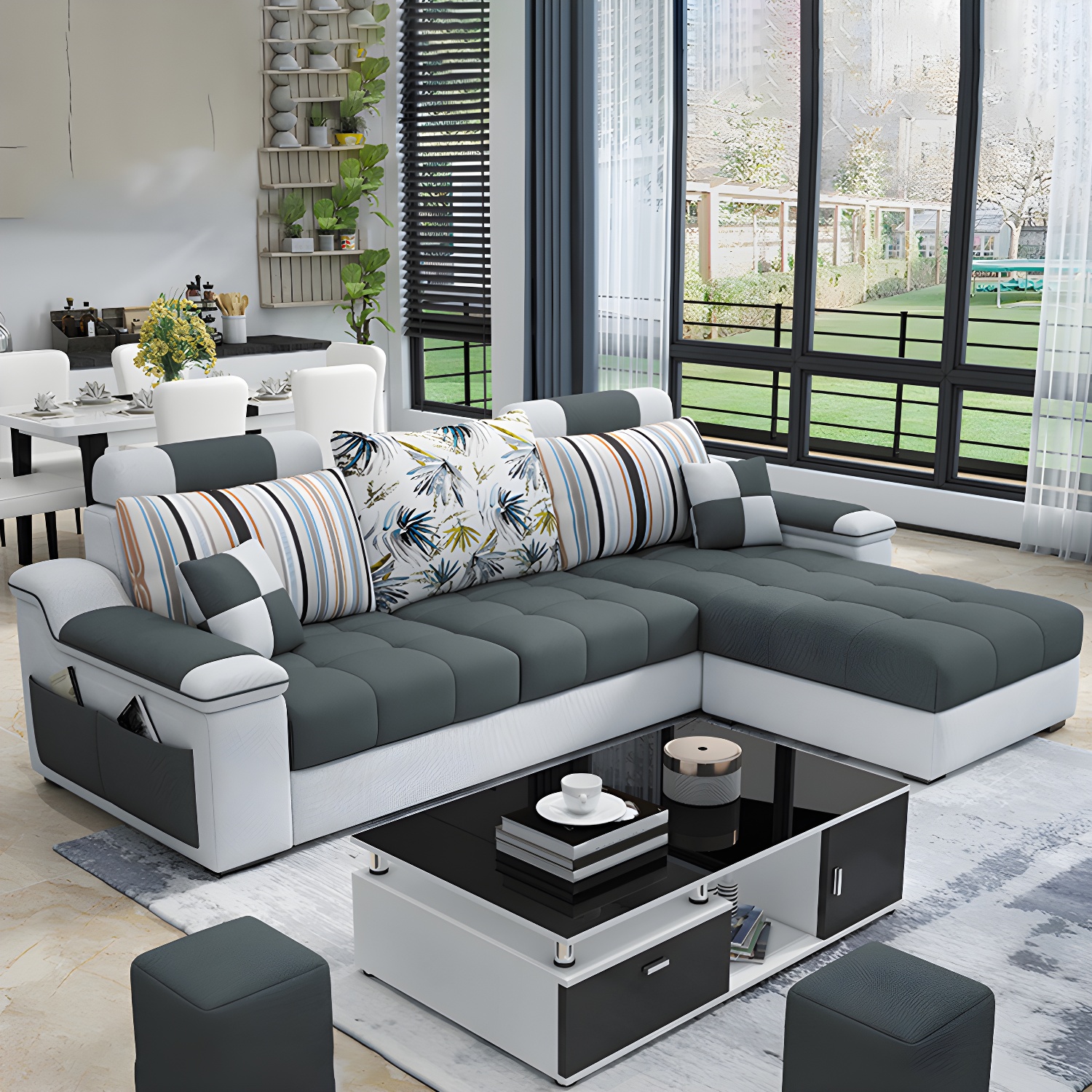 3-Seater Cotton Blend and Faux Leather L-Shape Sectionals Sofas - image 5