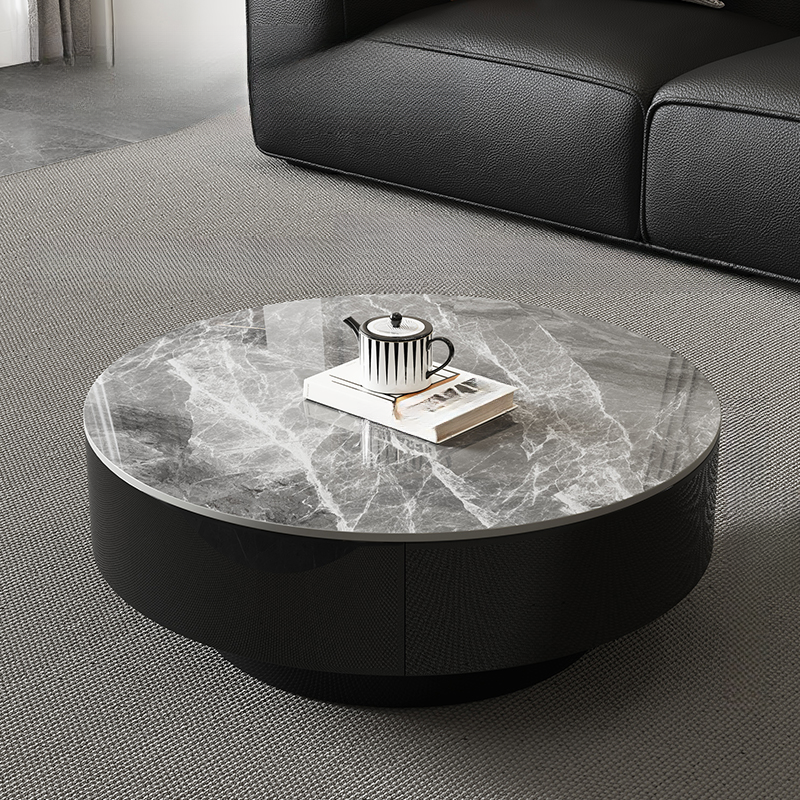 Elegant 1-Tier Circular-shaped Slate Side Table with Drum Base and Midnight Black Top, Includes 2 Drawers/1 Drawer
