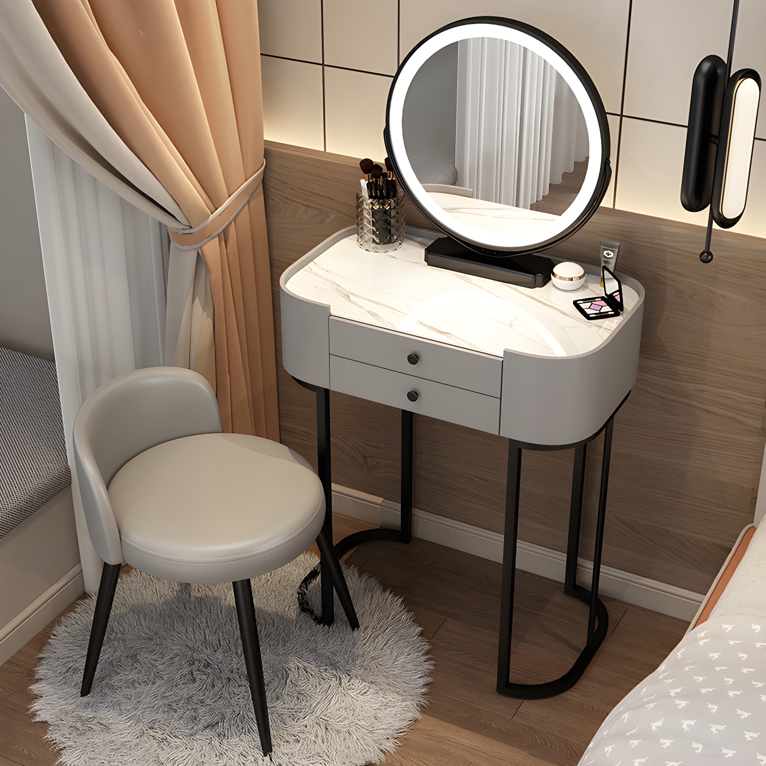 Contemporary Bedroom Makeup Vanity Desk Glass Vanity Dressing Table with Stool