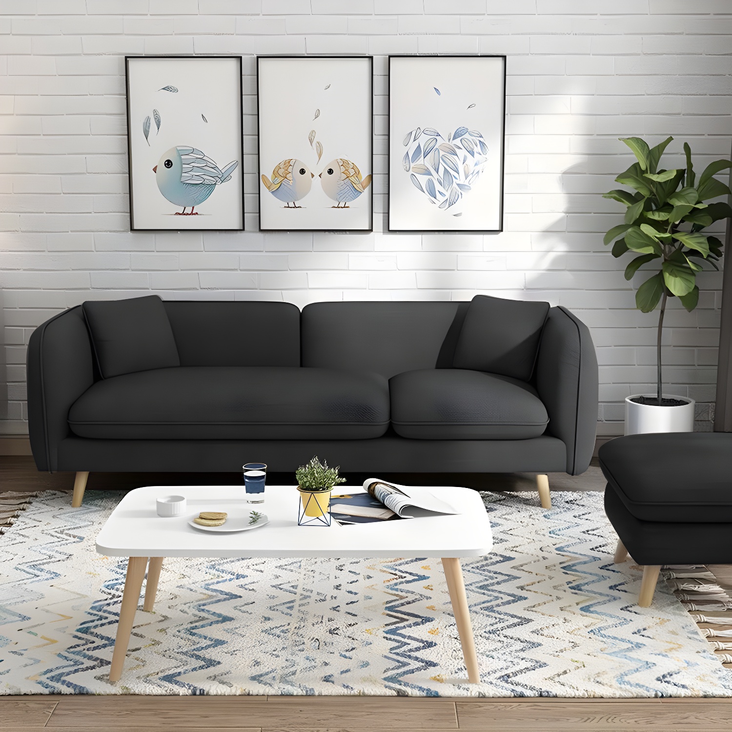 Modern Linen Tuxedo Arm Standard Sofa with Bolster Pillows for Living Room