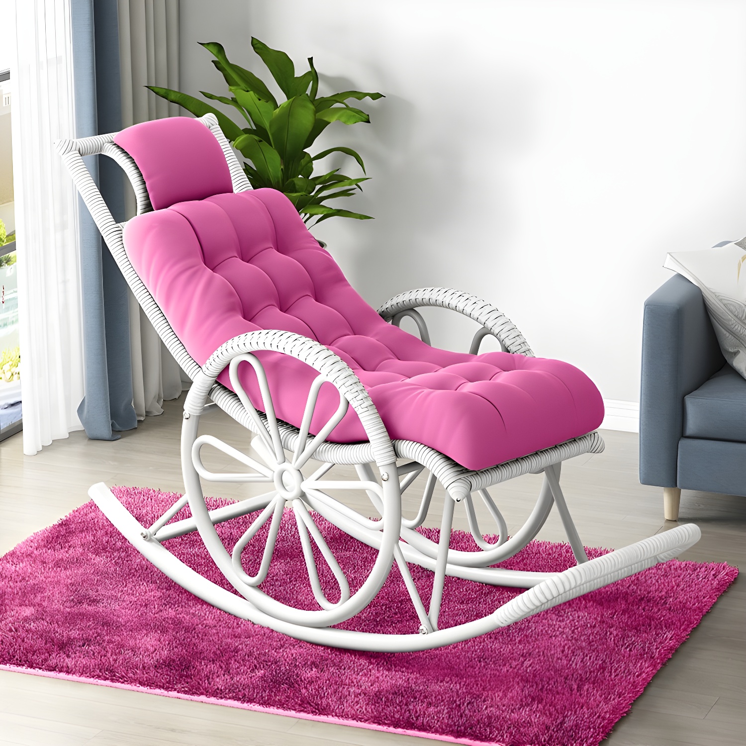Modern Rocker Wicker Removable Cushions Tufted with Gray Frame Rocking Chair - image 7