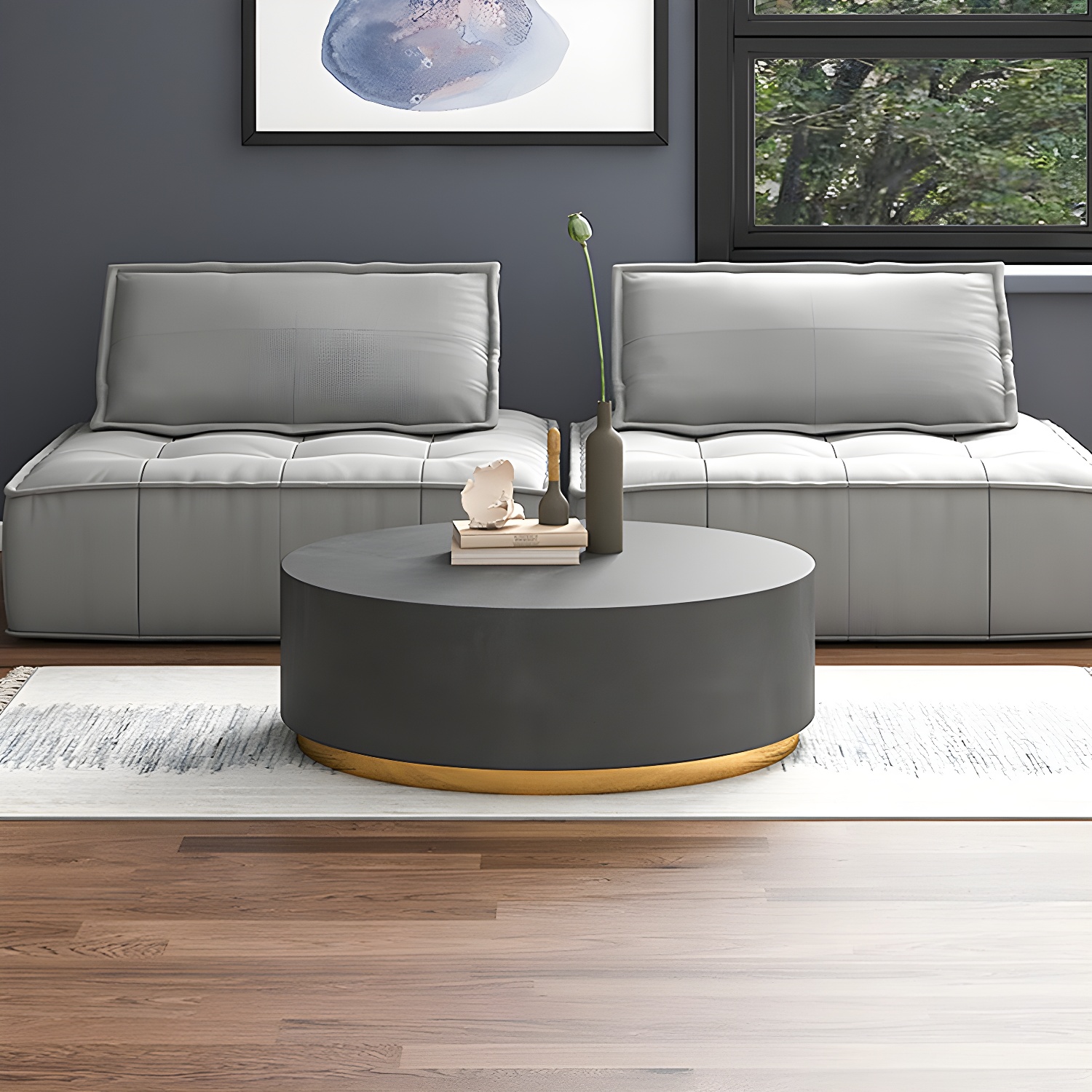Drum Base Design Black/grey Faux Concrete Top Metal Base Round Coffee Table - image 7