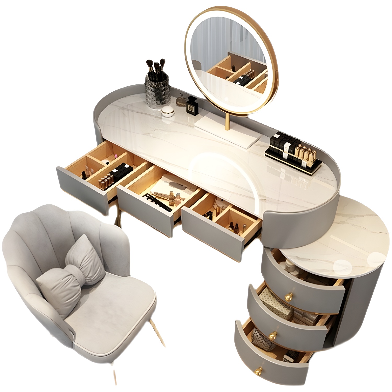 Contemporary Bedroom Metallic Lighted Mirror With Drawer Makeup Vanity Set - image 9