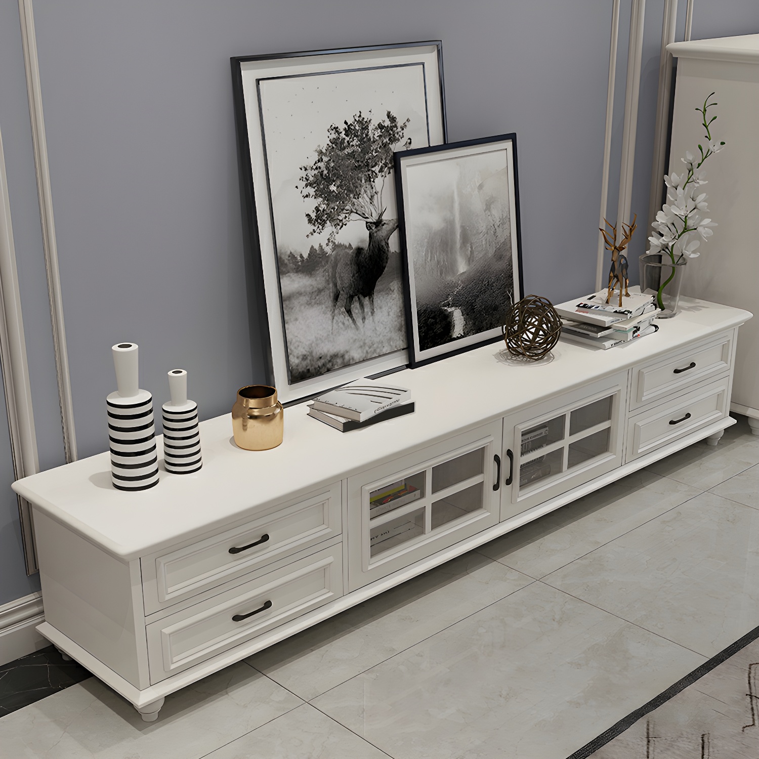 Modern Wood TV Stand with Drawers, Shelves, and Legs - Low Height - Cable Management - image 2