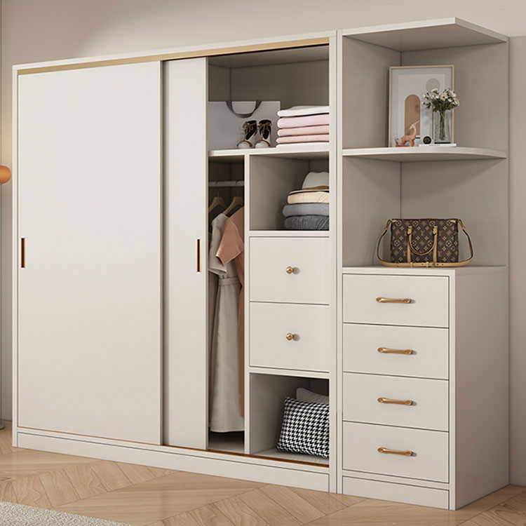 Modern White Wood Wardrobe Armoire with Sliding Doors and Soft Close Drawers - image 3
