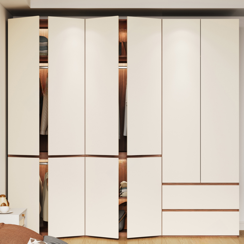 Beige Manufactured Wood Independent Wardrobe Closet with Soft Close Drawer, Soft Close Door, Interior Shelves, and Articulated Door Mechanism