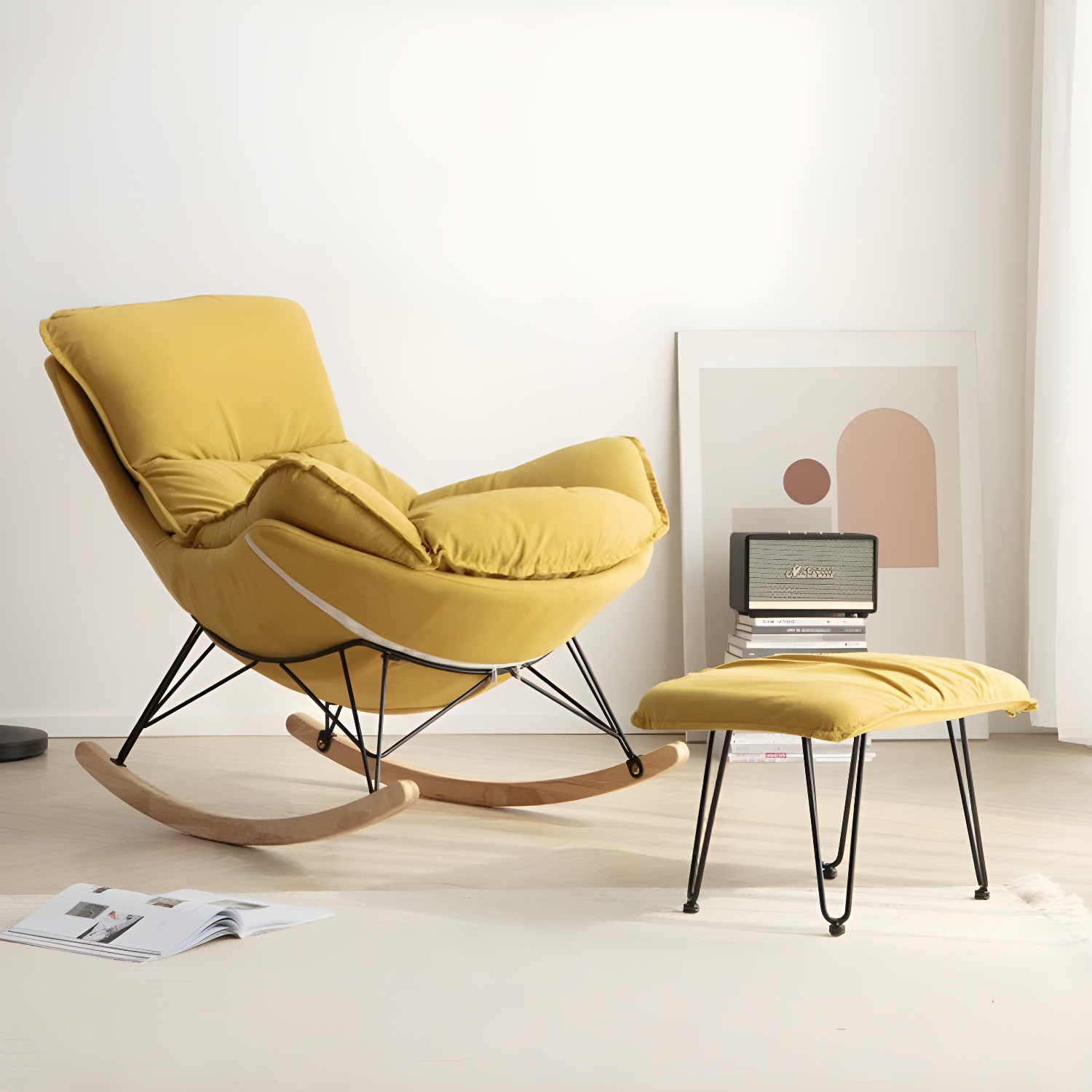 Modern Upholstered Rocking Chair with Ottoman Set - Natural Wood Legs - image 12