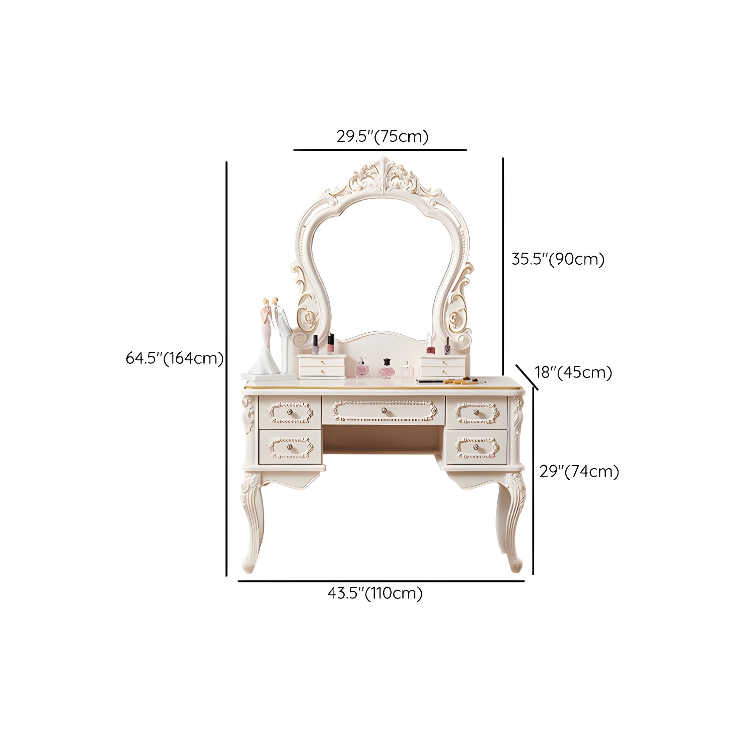 White Victorian Wood Vanity Dressing Table with Drawers Mirrored Makeup Vanity - image 13