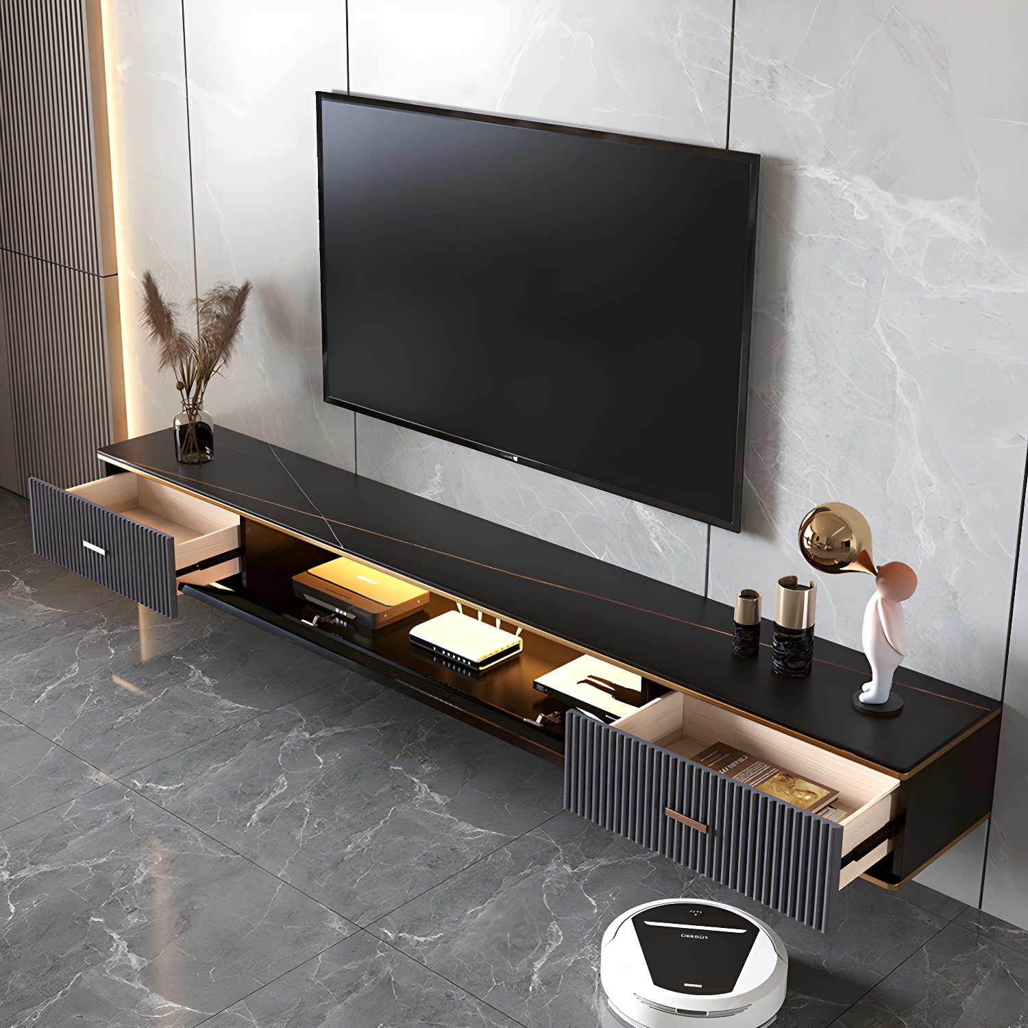 2 Drawers Contemporary TV Stand Stone Wall-mounted TV Cabinet - image 8