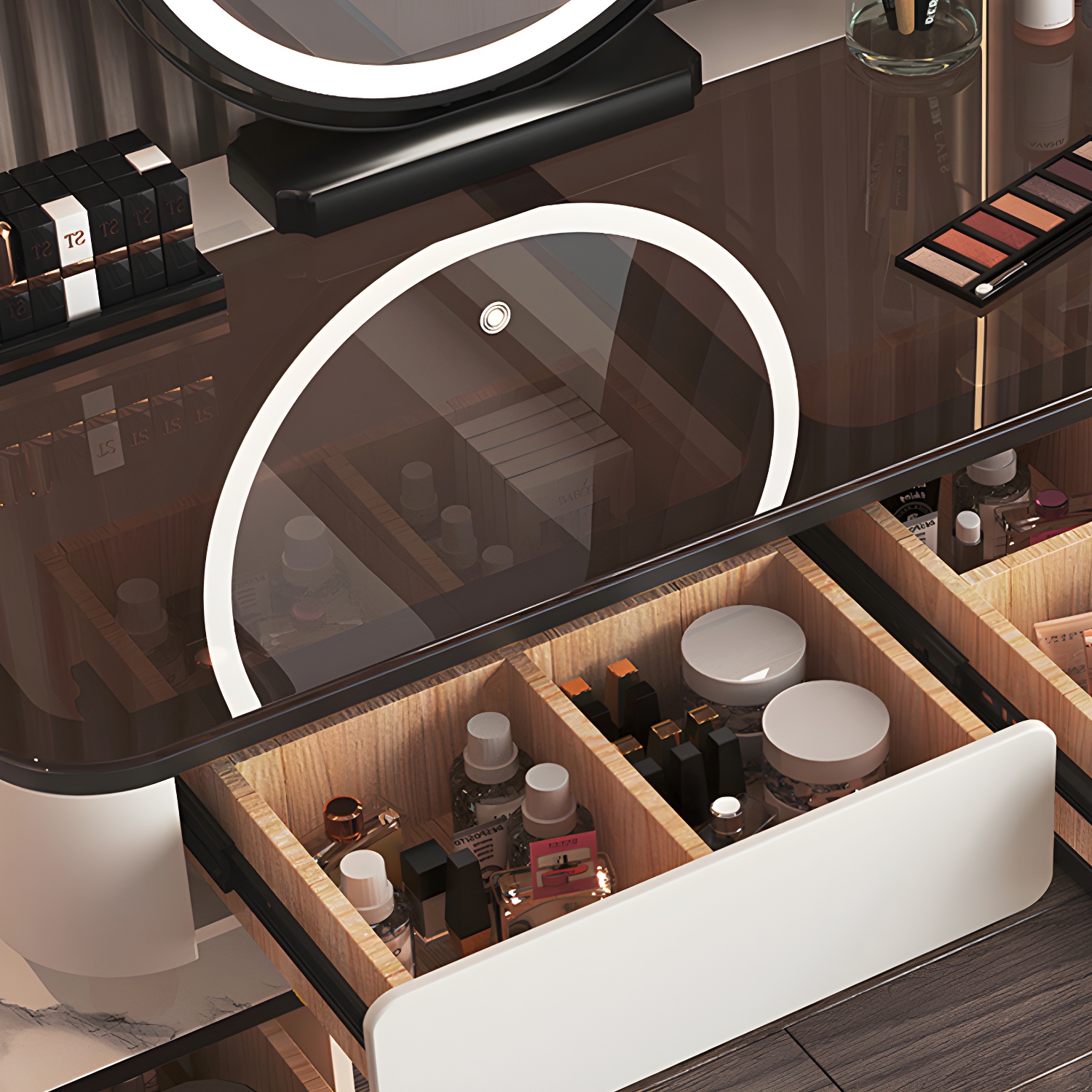 Glass Top Make-up Vanity Wood Dressing Table with Storage Drawers - image 7