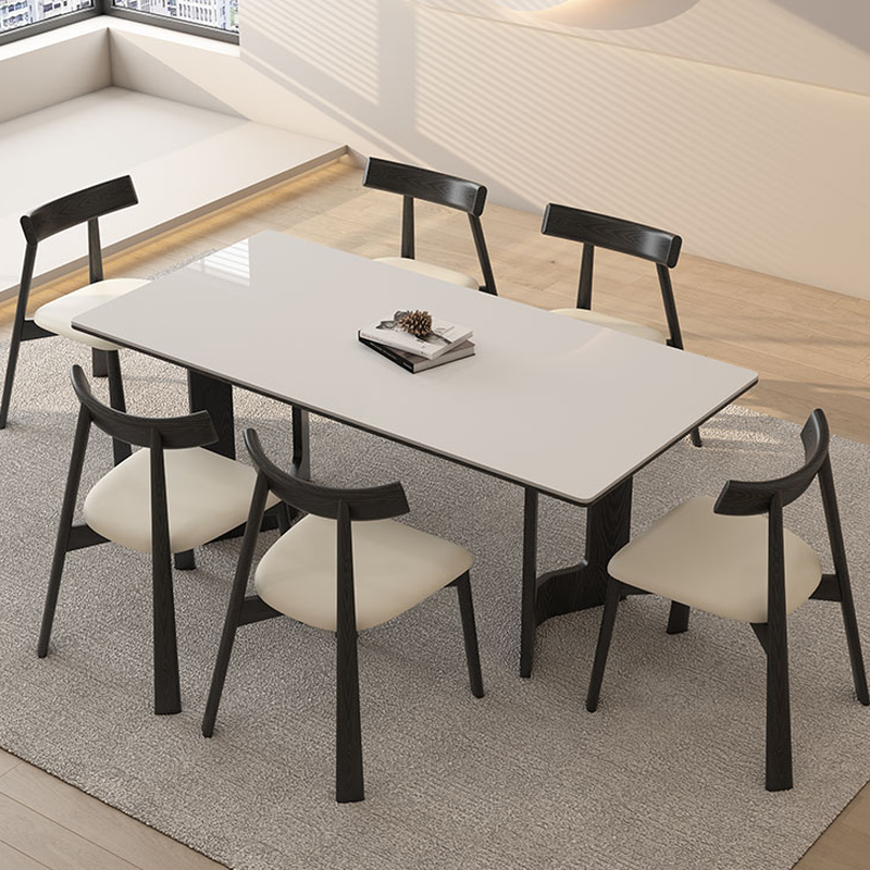 Slate Dining Table Set with Two-sided Pedestal, Padded Chair, and Back for 4 People - 5-piece in White