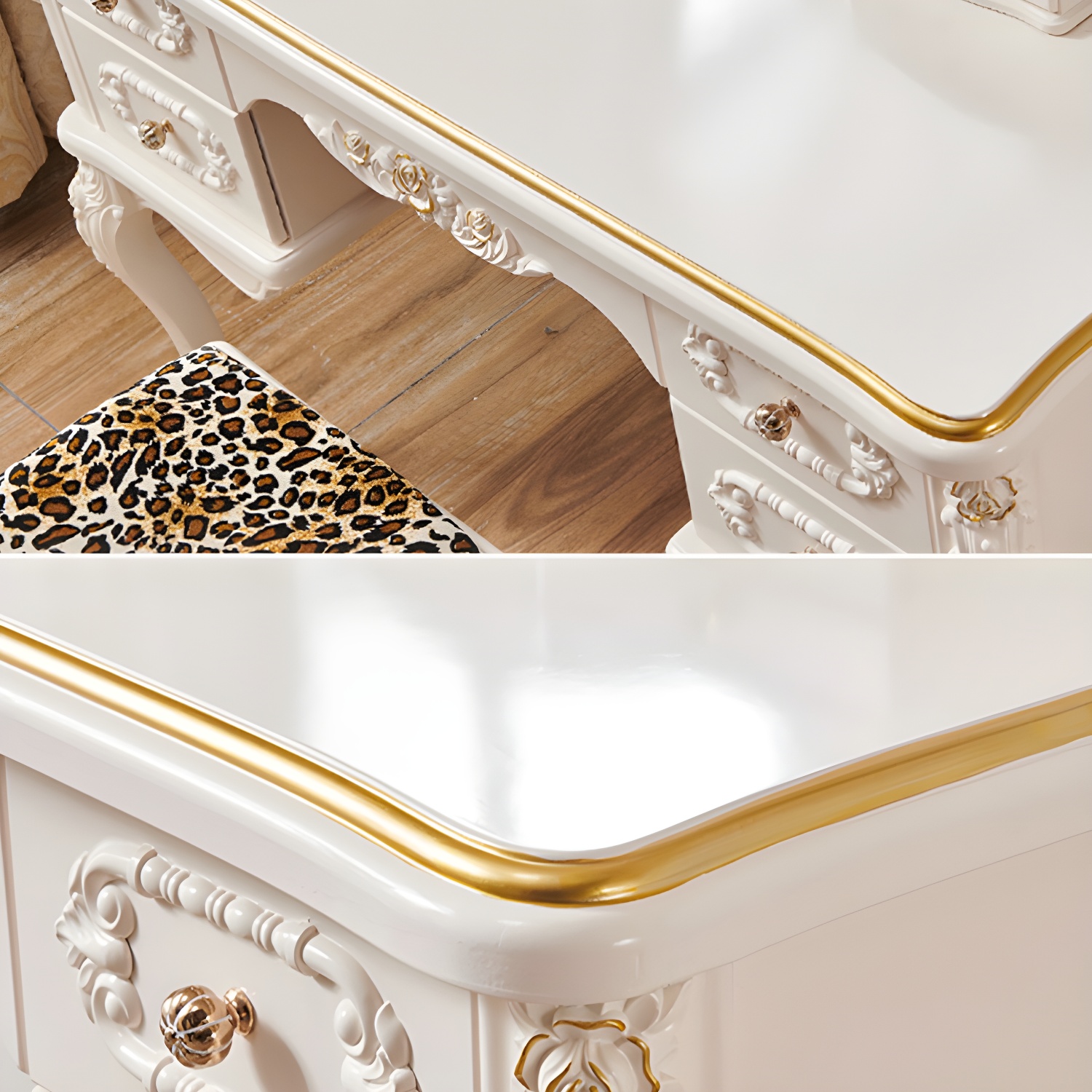White Victorian Wood Vanity Dressing Table with Drawers Mirrored Makeup Vanity - image 9