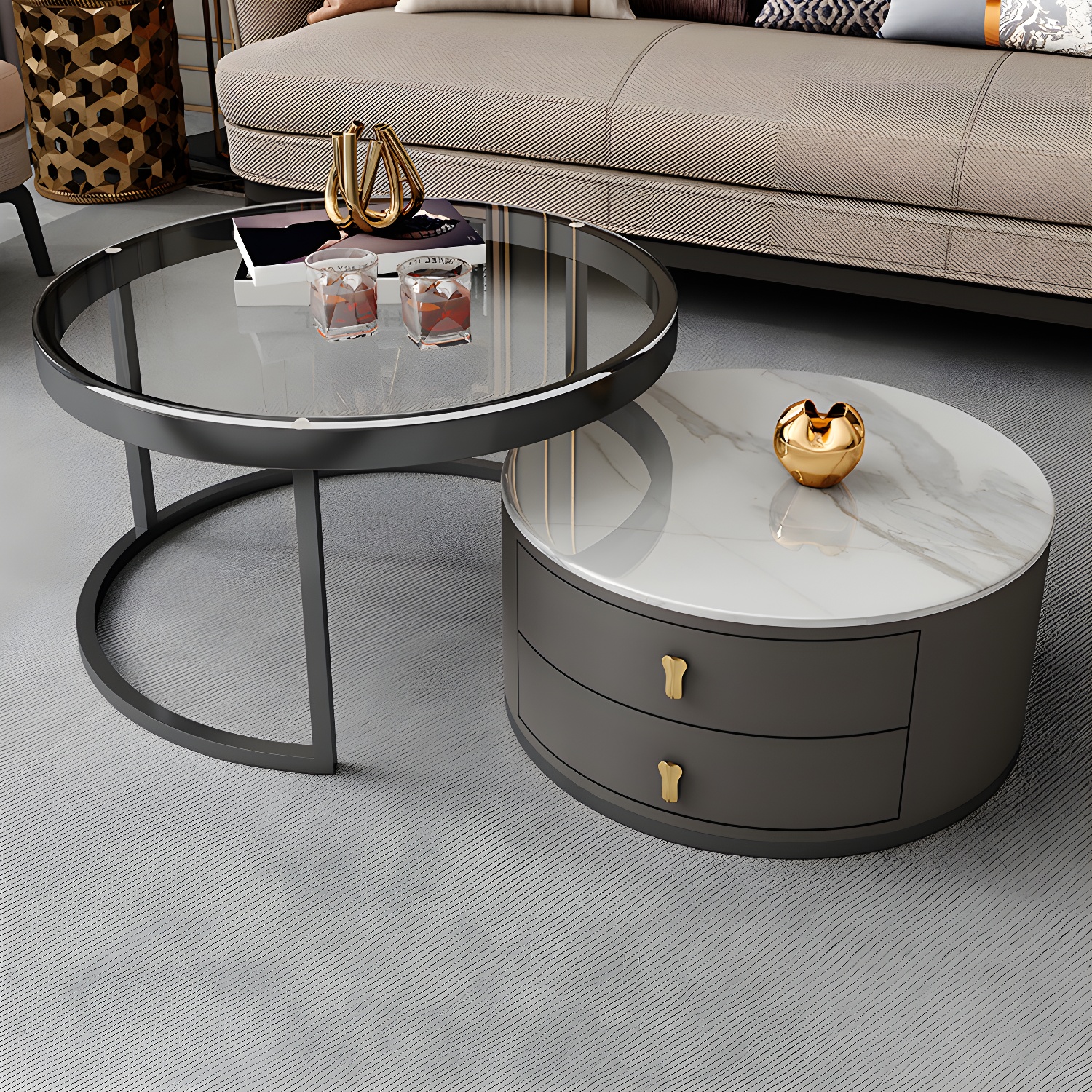 Modern Coffee Cocktail Table Round Nesting Coffee Table Set with Drawer - image 6