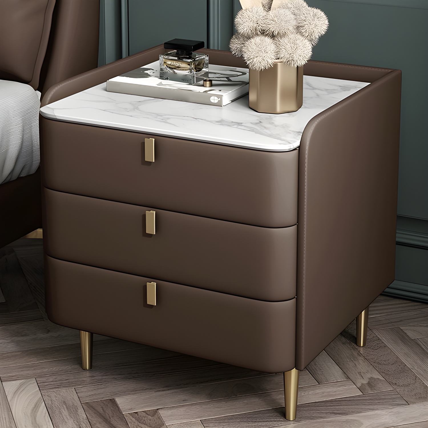 Stone Top Nightstand 3-drawer Leather Night Table with 4 Legs - image 4