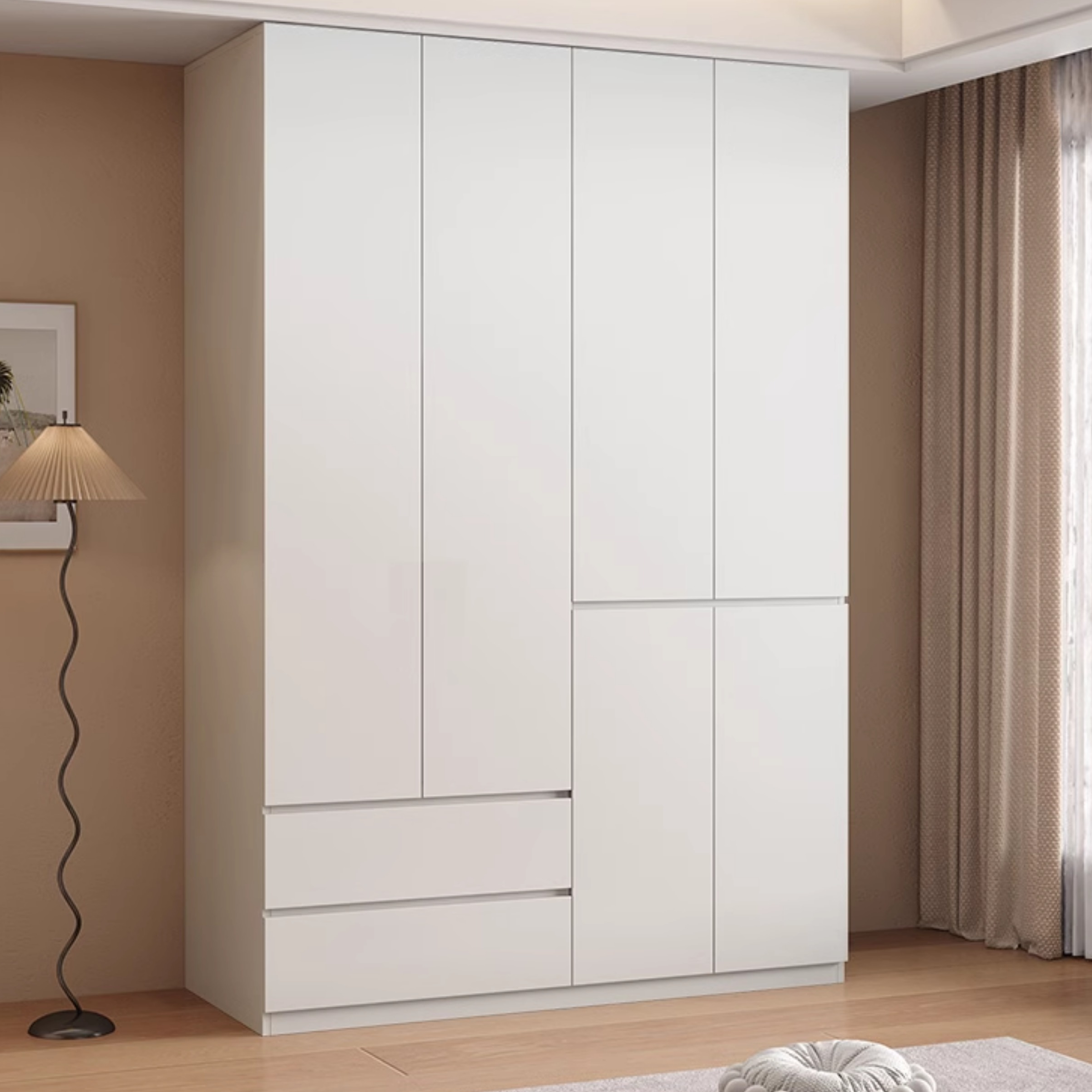 Sleek White Timber Contemporary Unattached Cabinet Armoire with 2 Drawers, Interior Shelves, and Hanging Rod