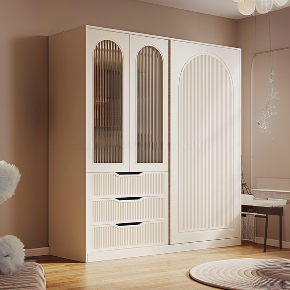 Chalk Almirah in Timber with Clothing Rod, 3 Cabinets/2 Cabinets and 5-Drawer/4-Drawer/3-Drawer in a Minimalist Style, 3-Shelf/2-Shelf Included/Not Included