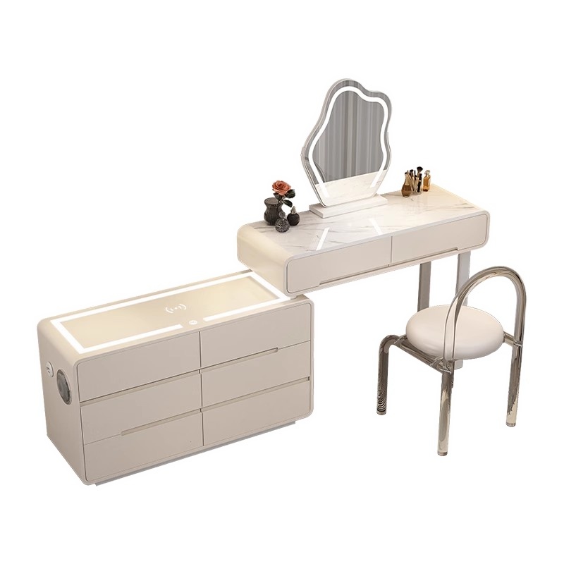 Simplistic Large Vanity Set with Stone Table Top, Clear Seating, 8 Drawers, and Mirror Lights