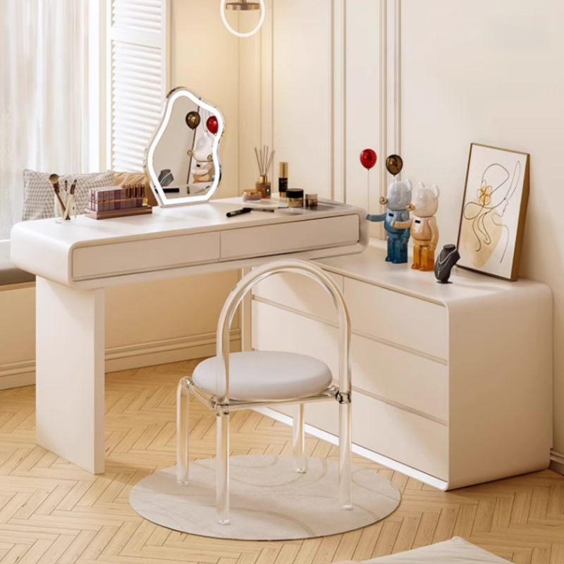 Standard Length Vanity Set with Upholstered Chair in Chalk, Synthetic Frame, and Lighted Mirror Including Seat