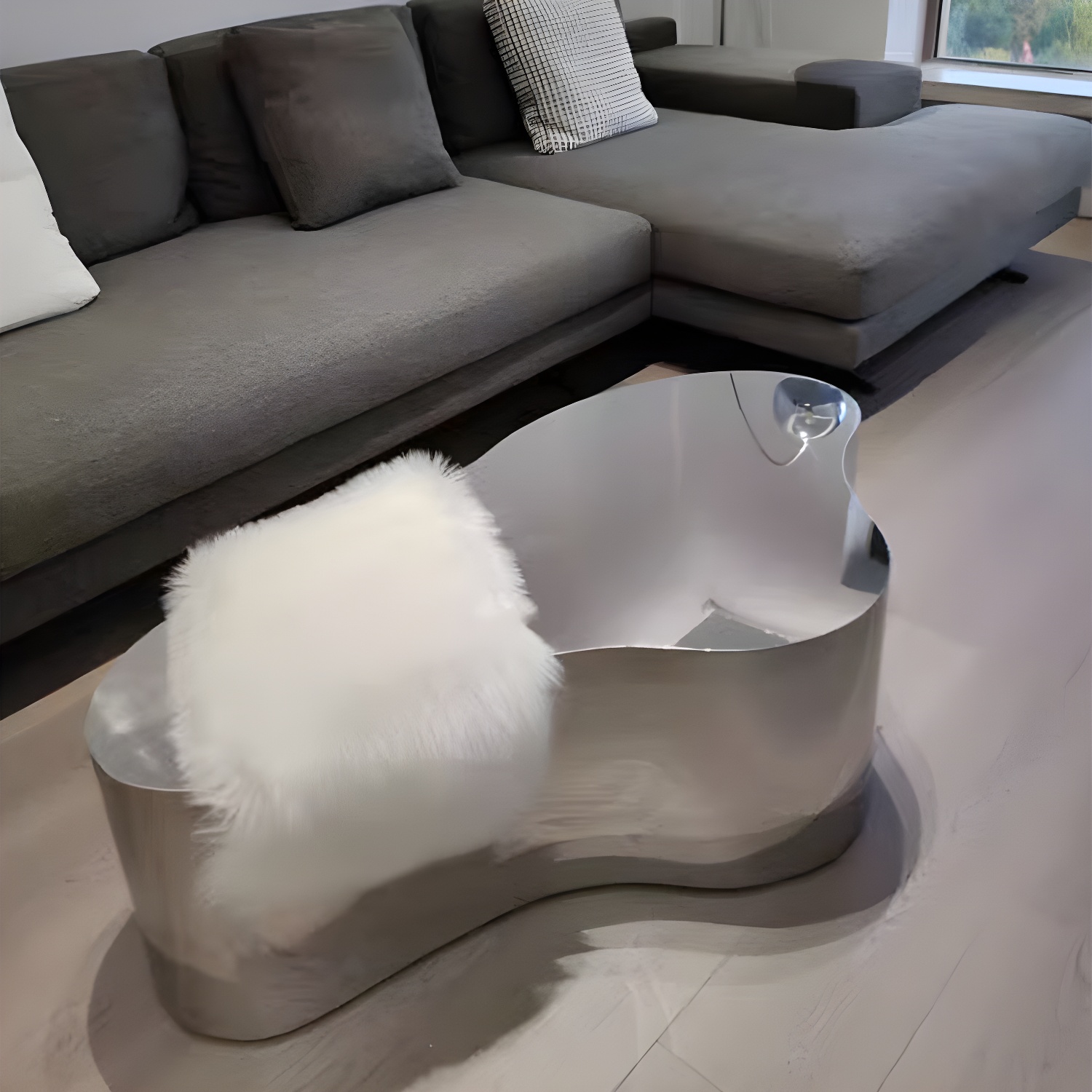 Silver Modern Coffee Table with Free Form Metal Top and Abstract Stainless Steel Base - image 6