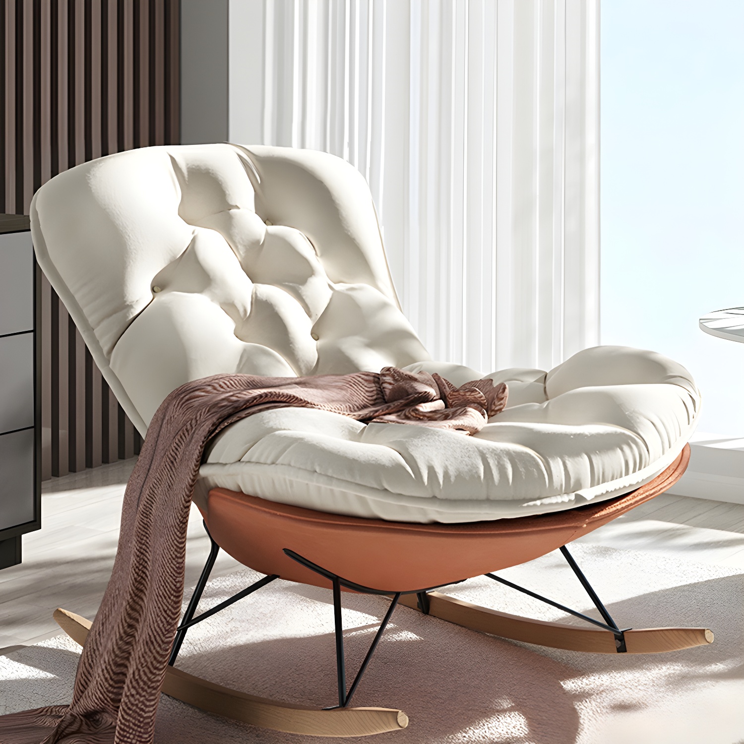 Stylish and Comfortable Modern Upholstered Indoor Rocking Chair with Natural Wood Legs - image 6