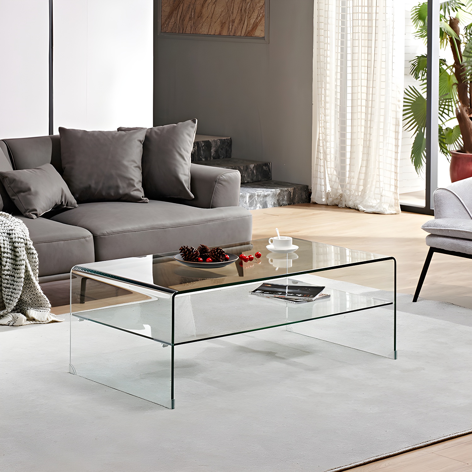 15.7"H Modern Sled Base White/black Glass Square Coffee Table with Shelf - image 5
