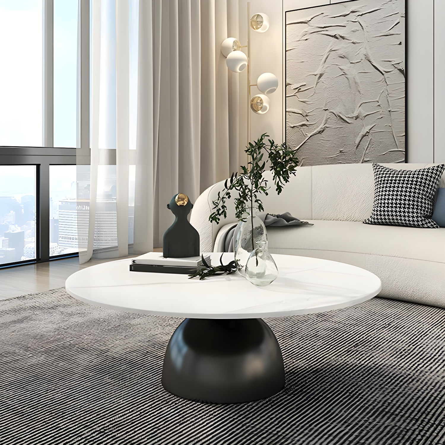 Round Stone Glam Coffee Table with Pedestal Iron Base and Built-in Storage - image 6