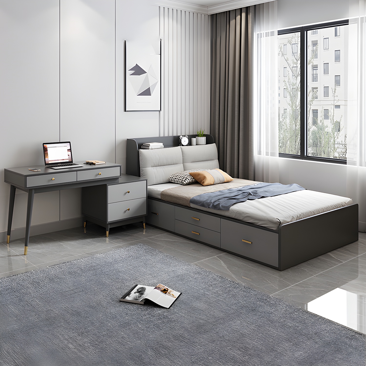 Scandinavian Low Profile Bed with Headboard Upholstered Bed with Drawers - image 10