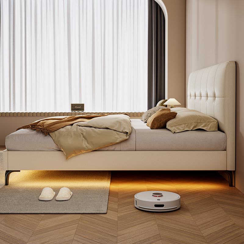White Contemporary Panel Bed with Leg, Stitch-tufted Design, and Natural Wood Slats for Bedroom