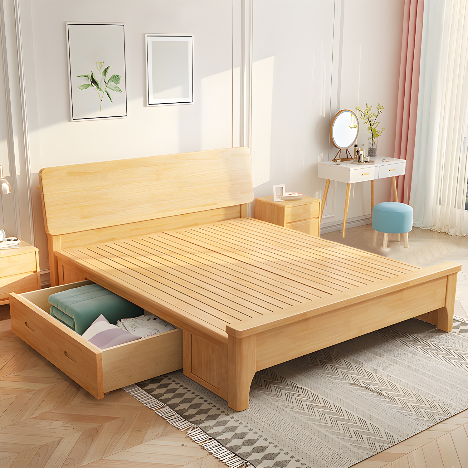 84.65 inch Wide Scandinavian Bed Frame Solid Wood Standard Bed with Headboard - image 3