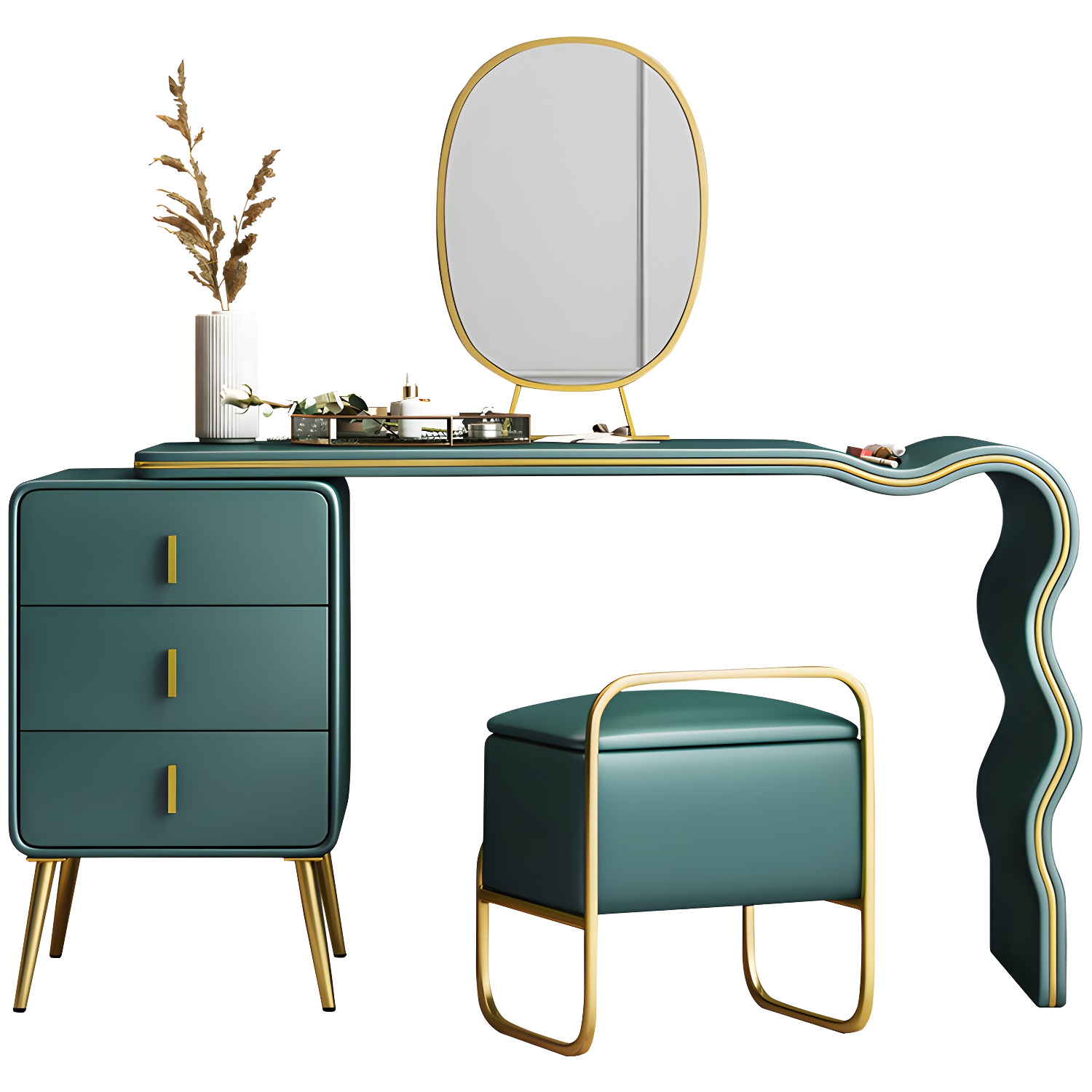 3 Drawers Make-up Vanity Set, 28.74" H Leather Vanity with Stool & Mirror - image 14