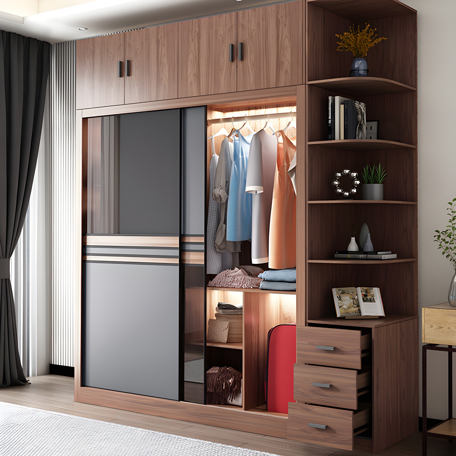 Brown Engineered Wood Wardrobe Armoire Modern Wardrobe Closet - image 3