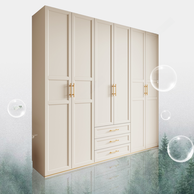 White Minimalist Natural Wood Wardrobe Closet with Soft Close Drawer, Soft Close Door, Interior Shelves, and Clothing Rod