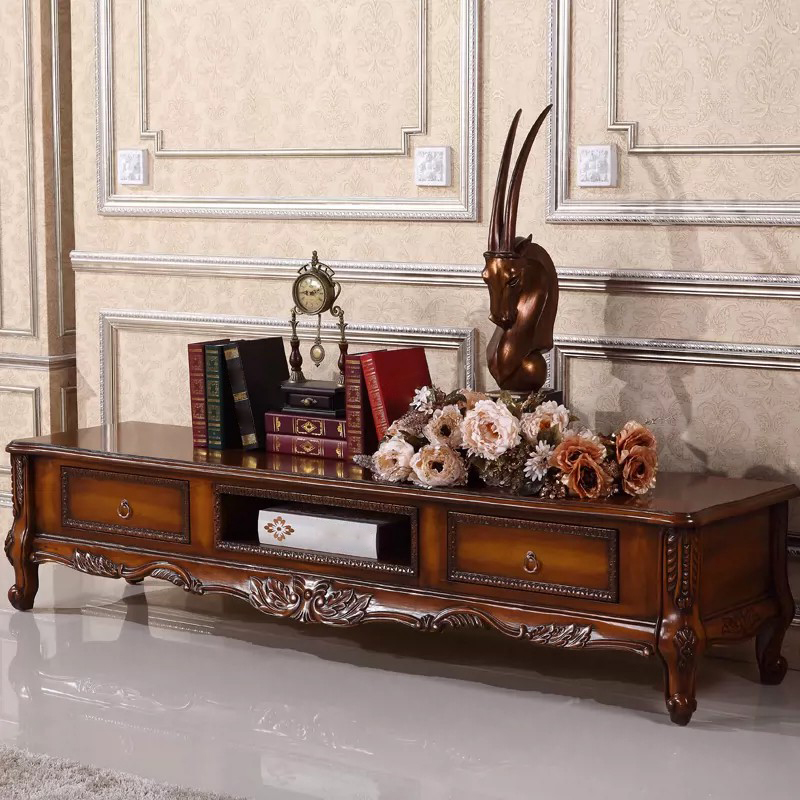 Scandinavian Brown TV Stand with Drawers & Shelves and Low Height featuring Open Storage