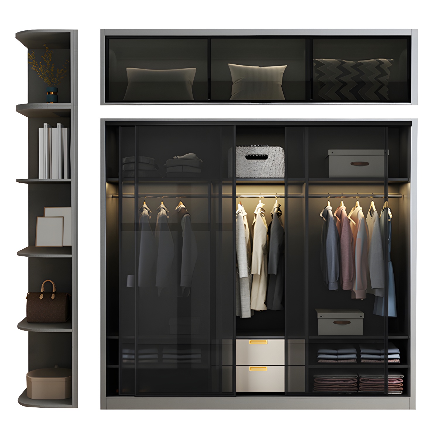 Contemporary Wood and Tempered Glass Wardrobe Freestanding Wardrobe Armoire without Light - image 8
