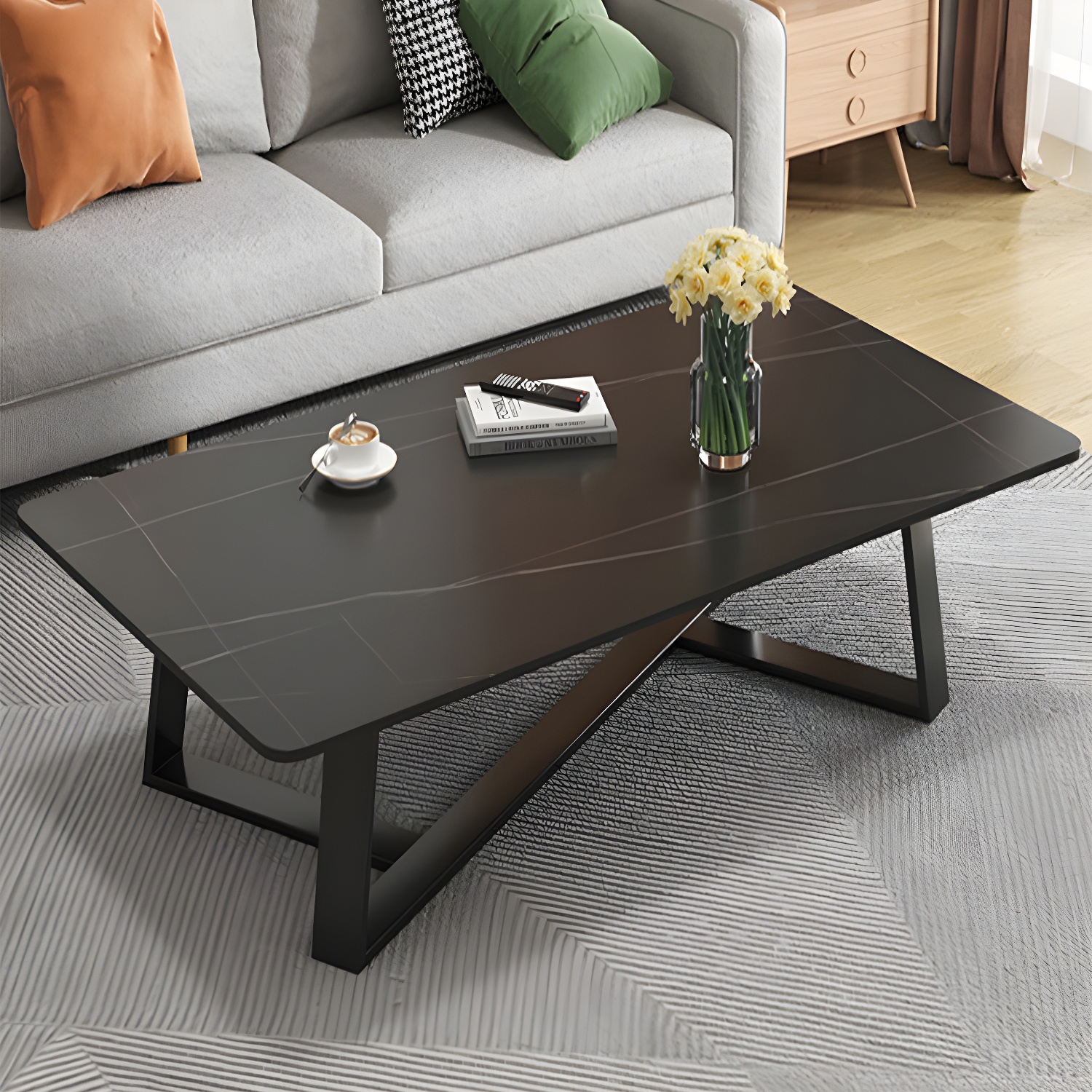 Modern Rectangle Coffee or End Table Stone and Steel Coffee Table with Cross Legs - image 5