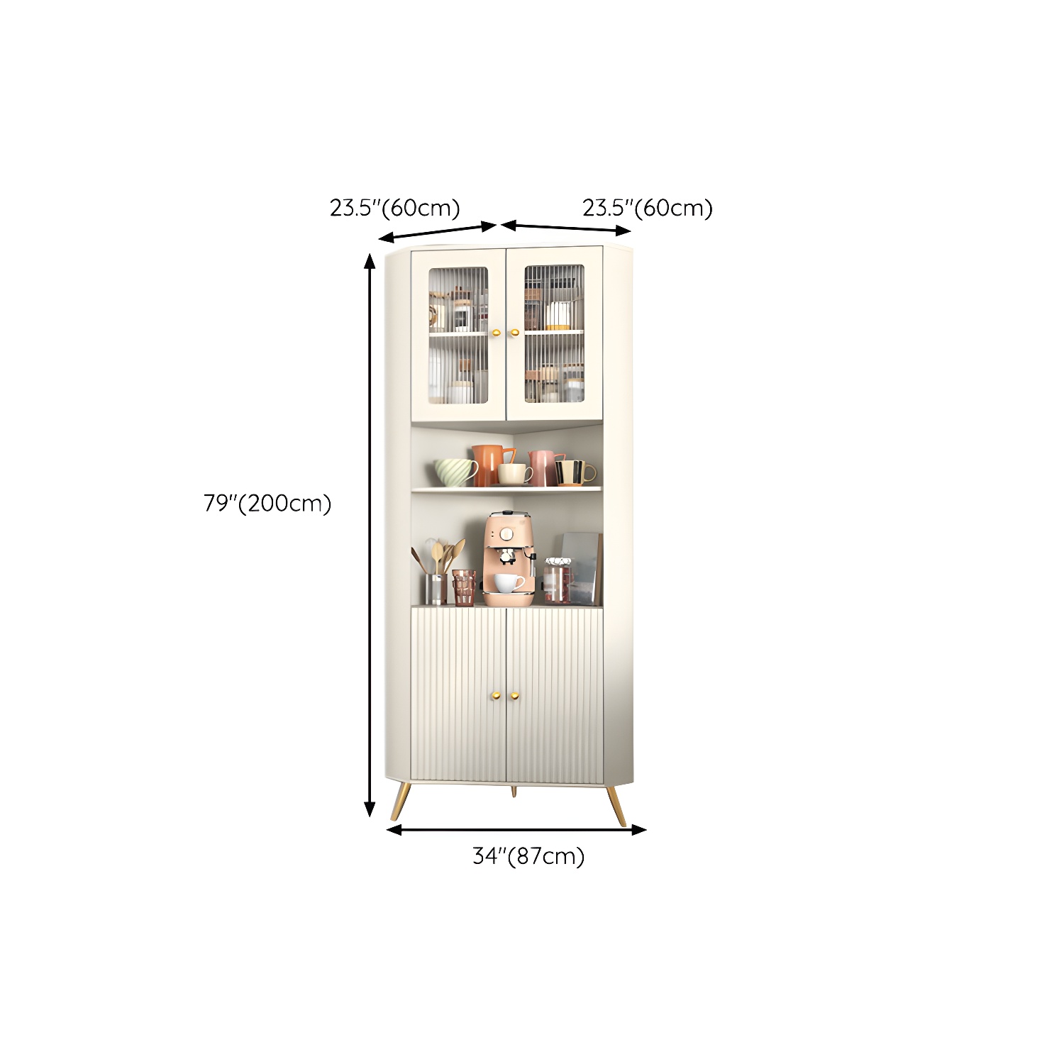 Modern Corner Accent Cabinet with White Wood Countertop, Glass Doors, and Gold Metal Base - image 13