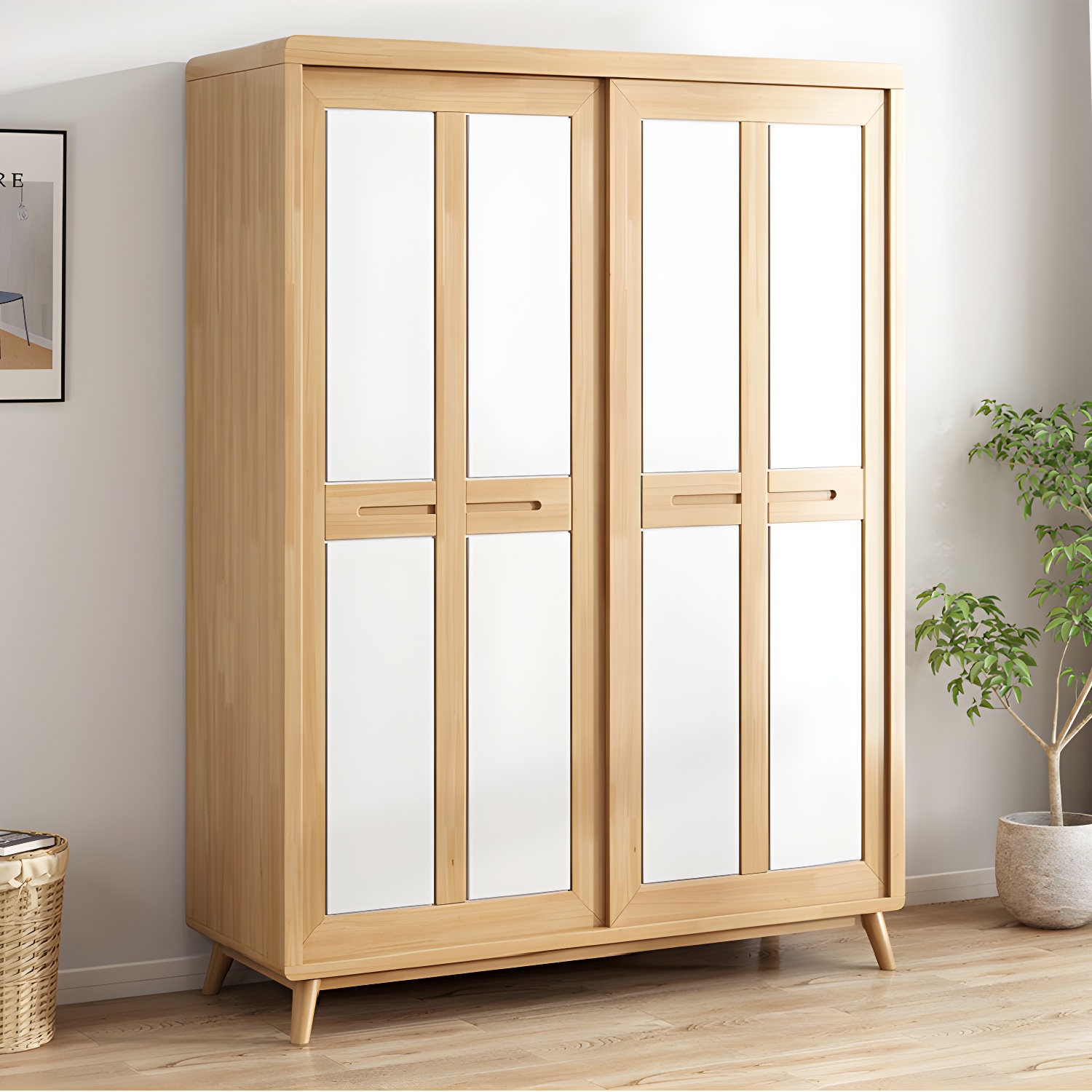 Freestanding Solid Wood Wardrobe Modern Wardrobe Armoire with 2 Doors and 1 Drawer
