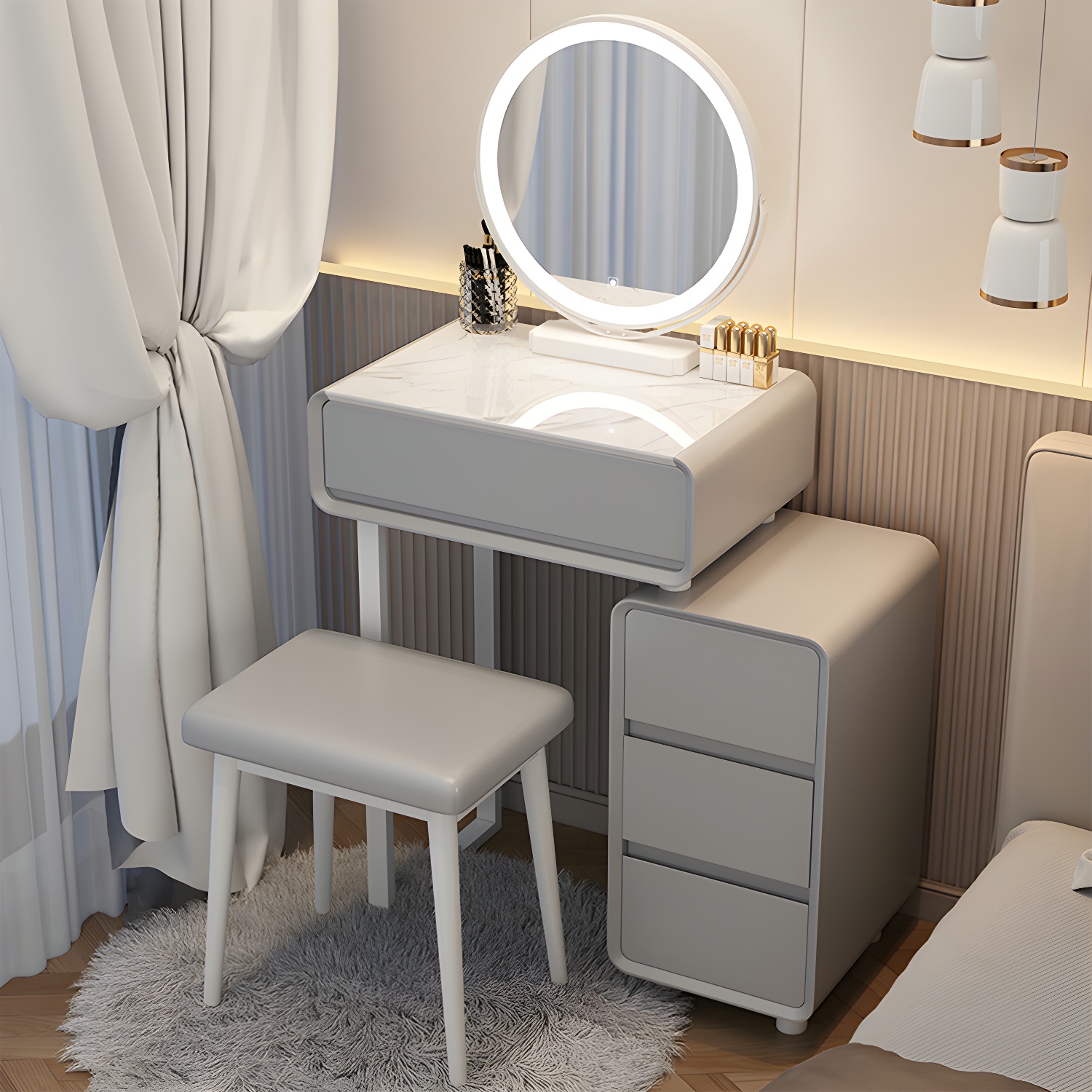 Modern Gray Makeup Vanity with Mirror & Drawers & Seat Included