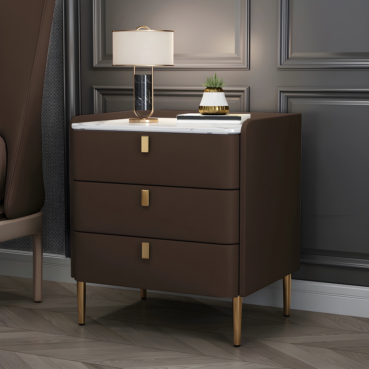Glam Style Sintered Stone Top Drawer Storage Nightstand for Bedroom - image 7