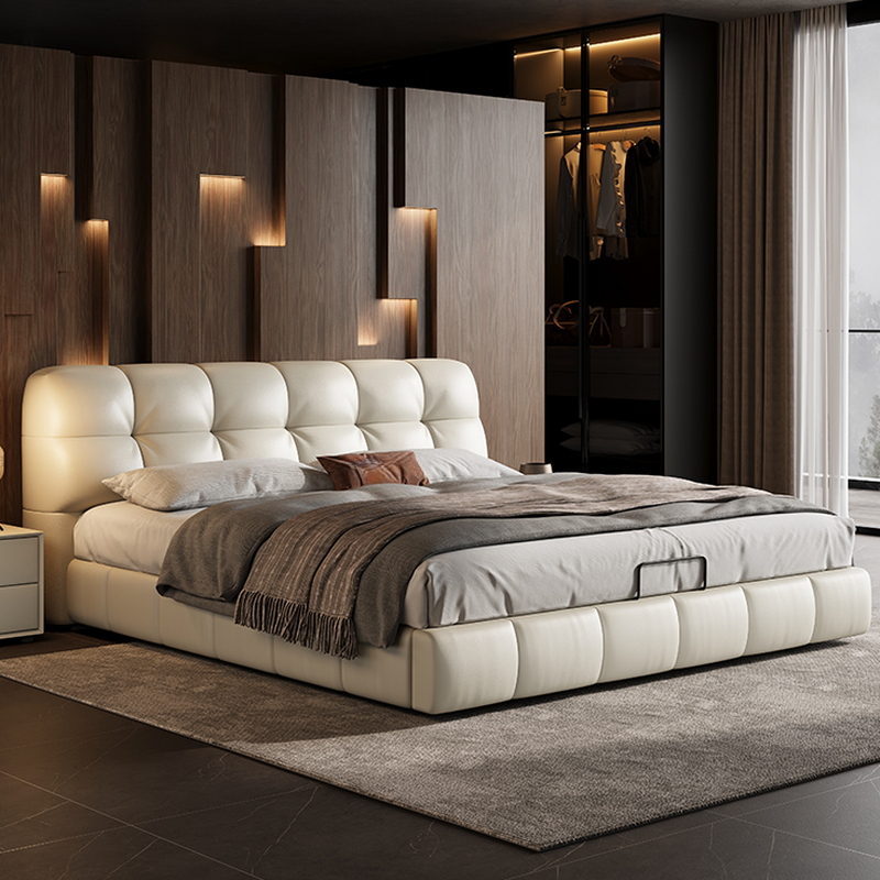 Beige Solid Color Storage Bed with 3 Storage Boxes, Pine Wood Frame, and Button-tufted Design for Living Room