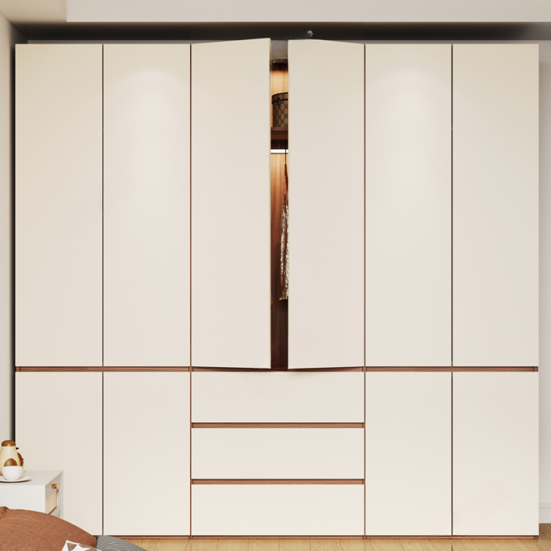 Beige Minimalist Manufactured Wood Wardrobe Closet with Soft Close Drawer, Soft Close Door, Interior Shelves, and Clothing Rod