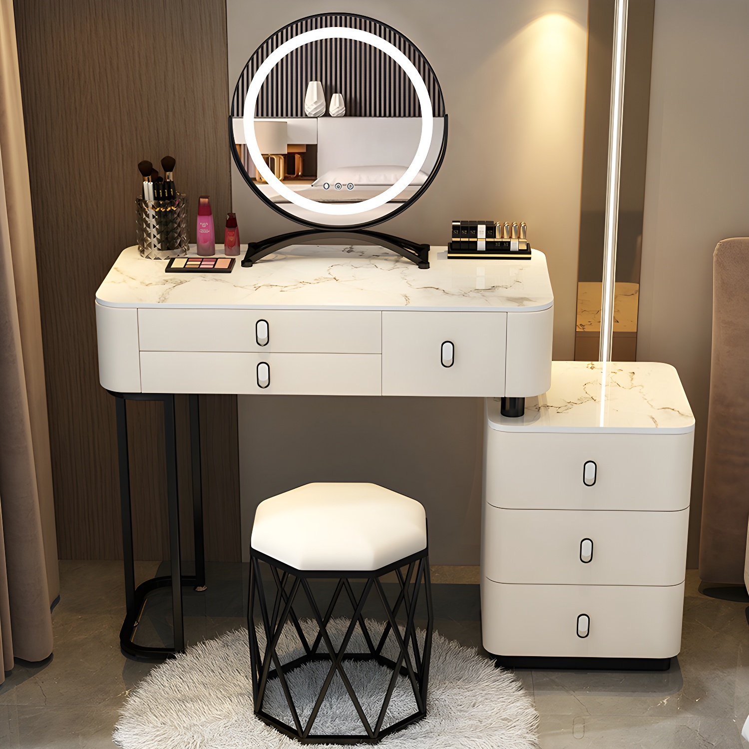 Glam Bedroom Vanity Dressing Table Stone Makeup Vanity Desk with Drawer - image 3