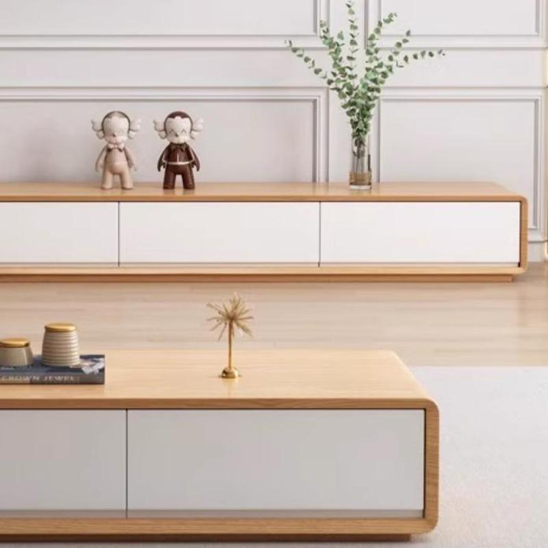 Contemporary Oblong Wood TV Stand in Natural and White with Drawers - image 6
