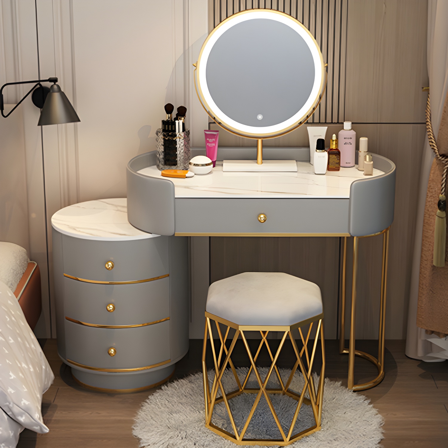 Lighted Mirror Makeup Counter Bedroom Makeup Vanity Desk Table with Drawer