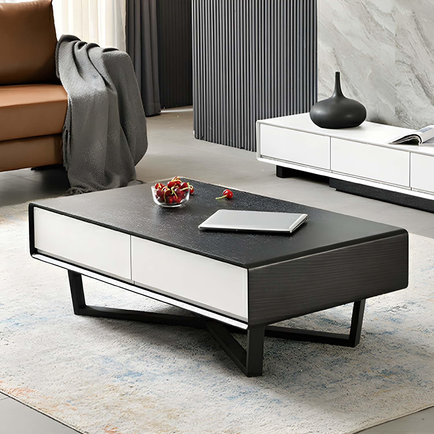 Rectangular Wood Modern Coffee Table with Black Metal Cross Legs and Storage Drawers - image 16