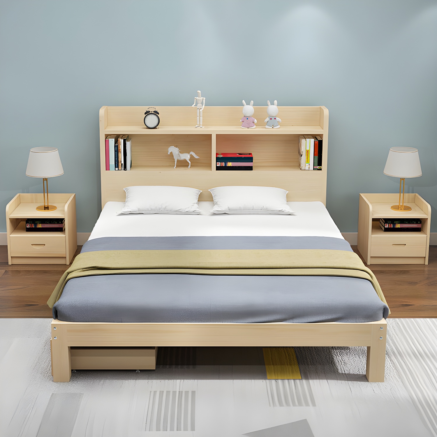 Nordic Solid Wood Bookcase Included Bed Frame Upholstered 2-Drawer Bed Frame - image 1