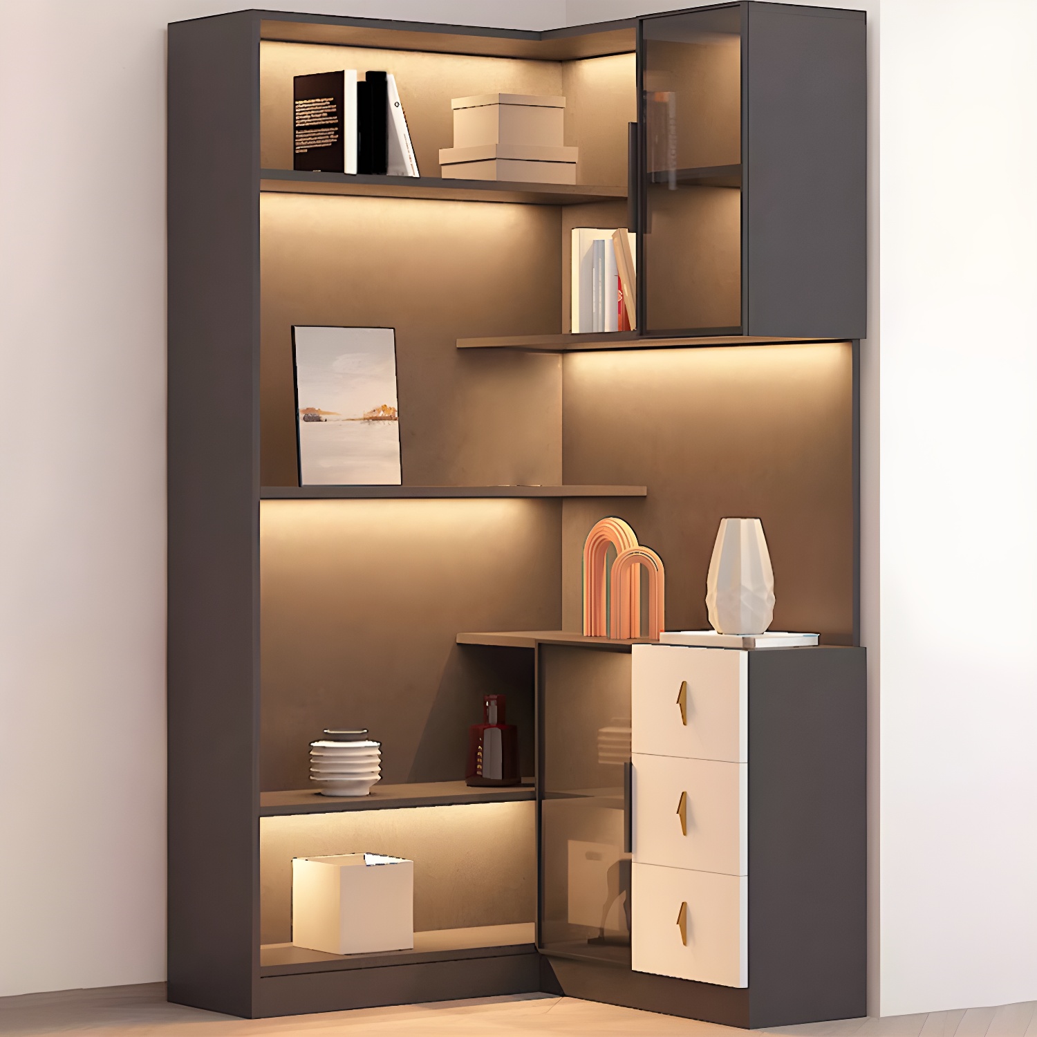 Corner Modern Accent Cabinet with Wood Counter Top, Glass Doors, Drawers, and Adjustable Shelves - image 4