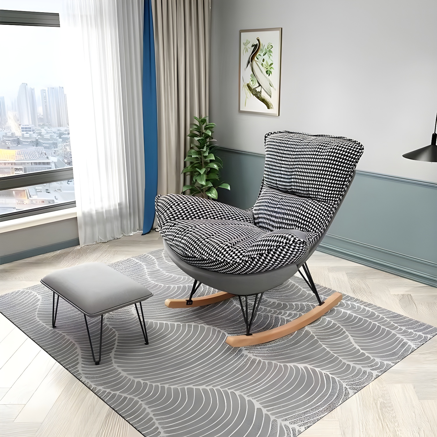 Modern Glider Chair Solid Pure Color Faux Leather Rocker Chair with Ottoman - image 3